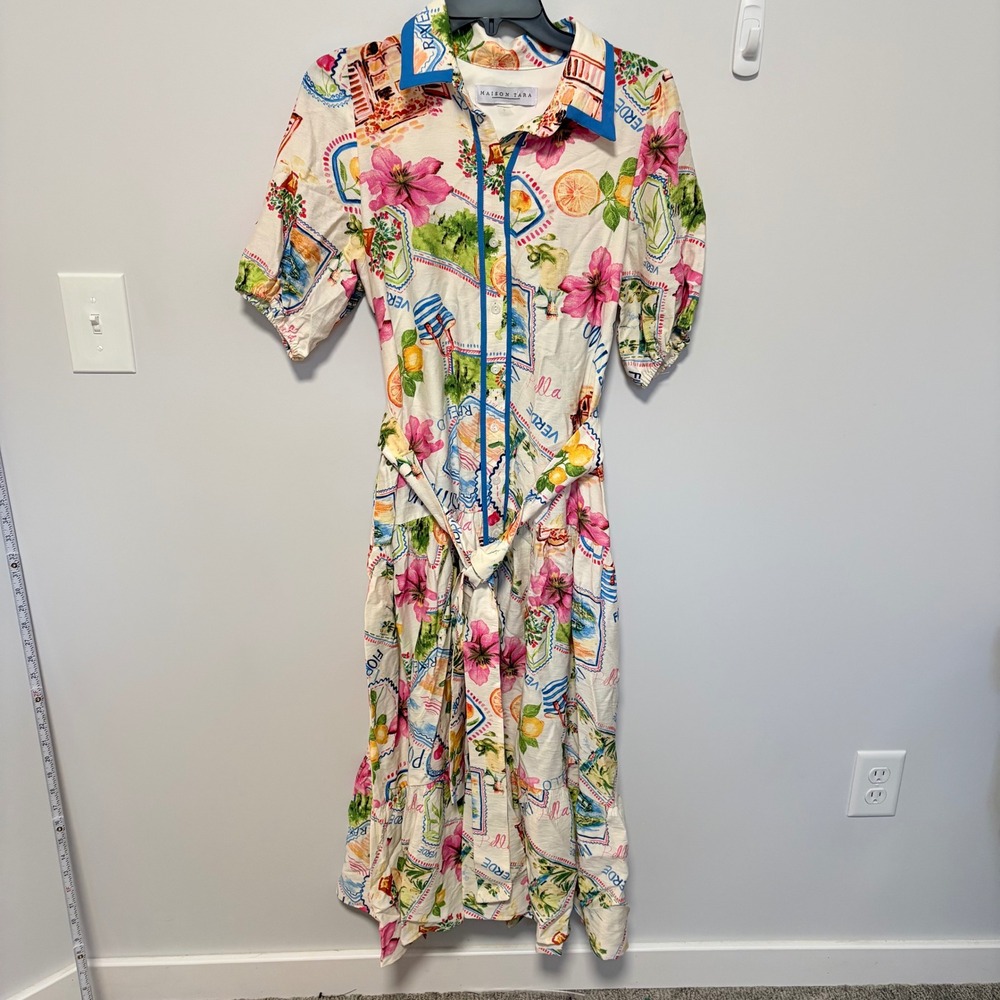 Maison Tara Postcard‎ Print Midi Dress Multicolor size 8 Tropical Belted